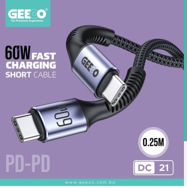 Geeoo DC21 0.25M 60W PD-PD Fast Charging Short Data Cable