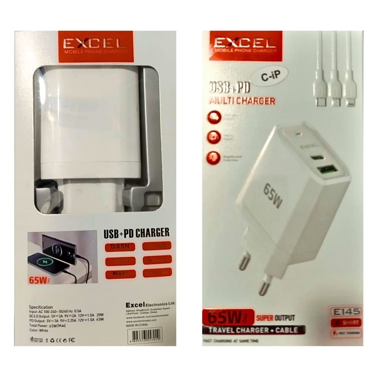 Excel E145 65Watt USB+PD Type-C Super Fast Charger