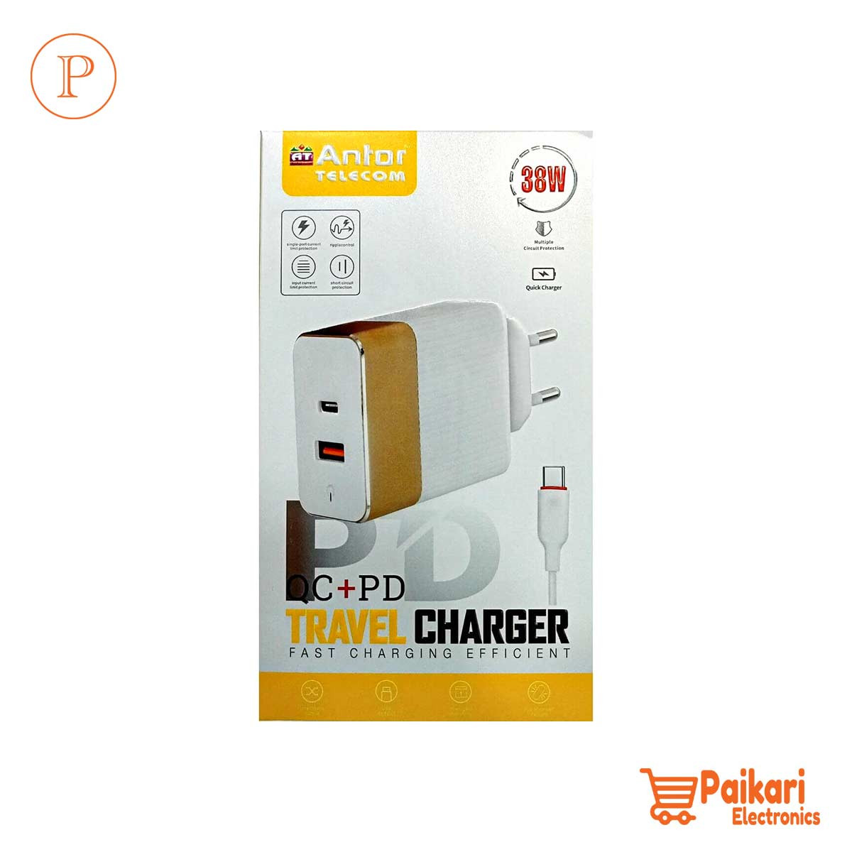 Antor 38Watt QC+PD Type-C Cable USB Fast Charger	