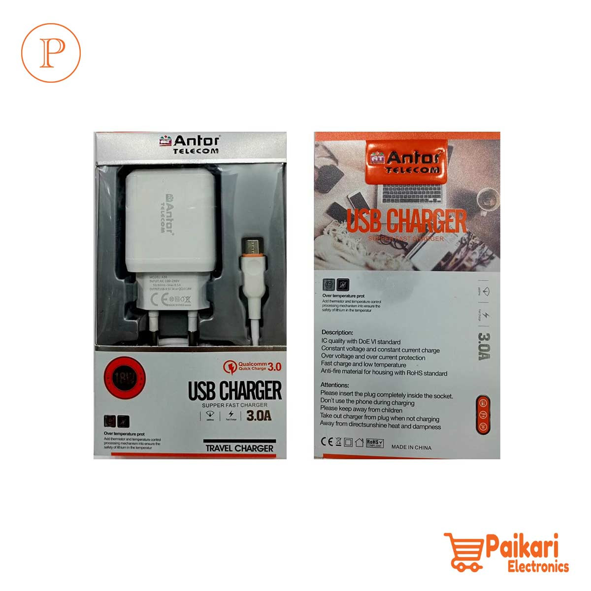 Antor 18Watt 3.0A QC Type-C Cable USB Fast Charger