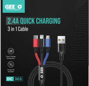 Geeoo DC303 2.4A fast charging 3pin{Micro,Type-c,iphone} Cable 