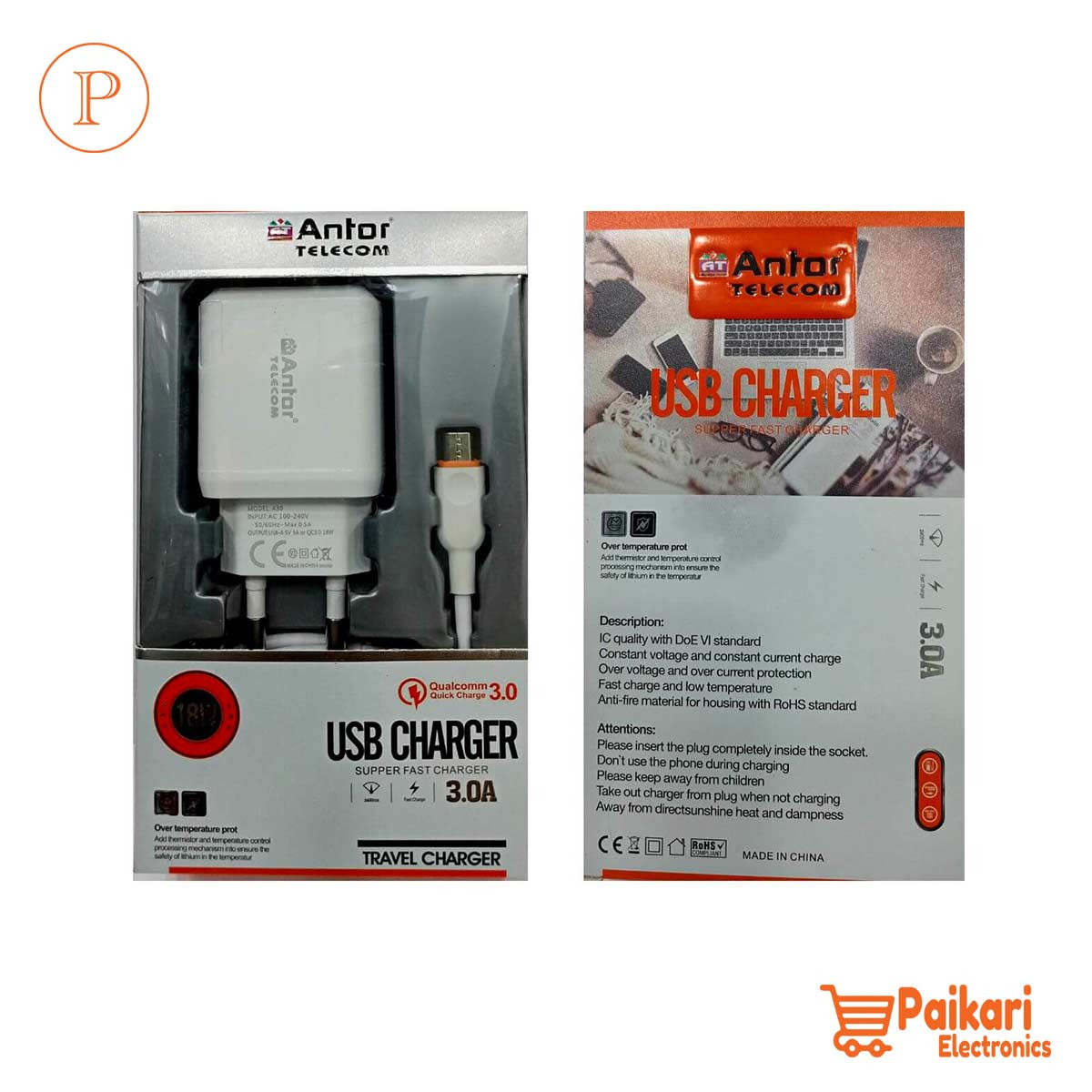 Antor 18Watt 3.0A QC Micro Cable USB Fast Charger